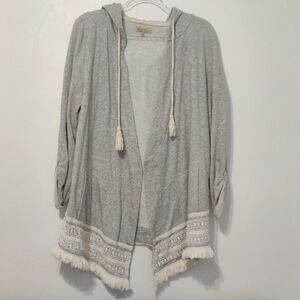 Democracy Light Gray Hooded Cardigan with Fringe